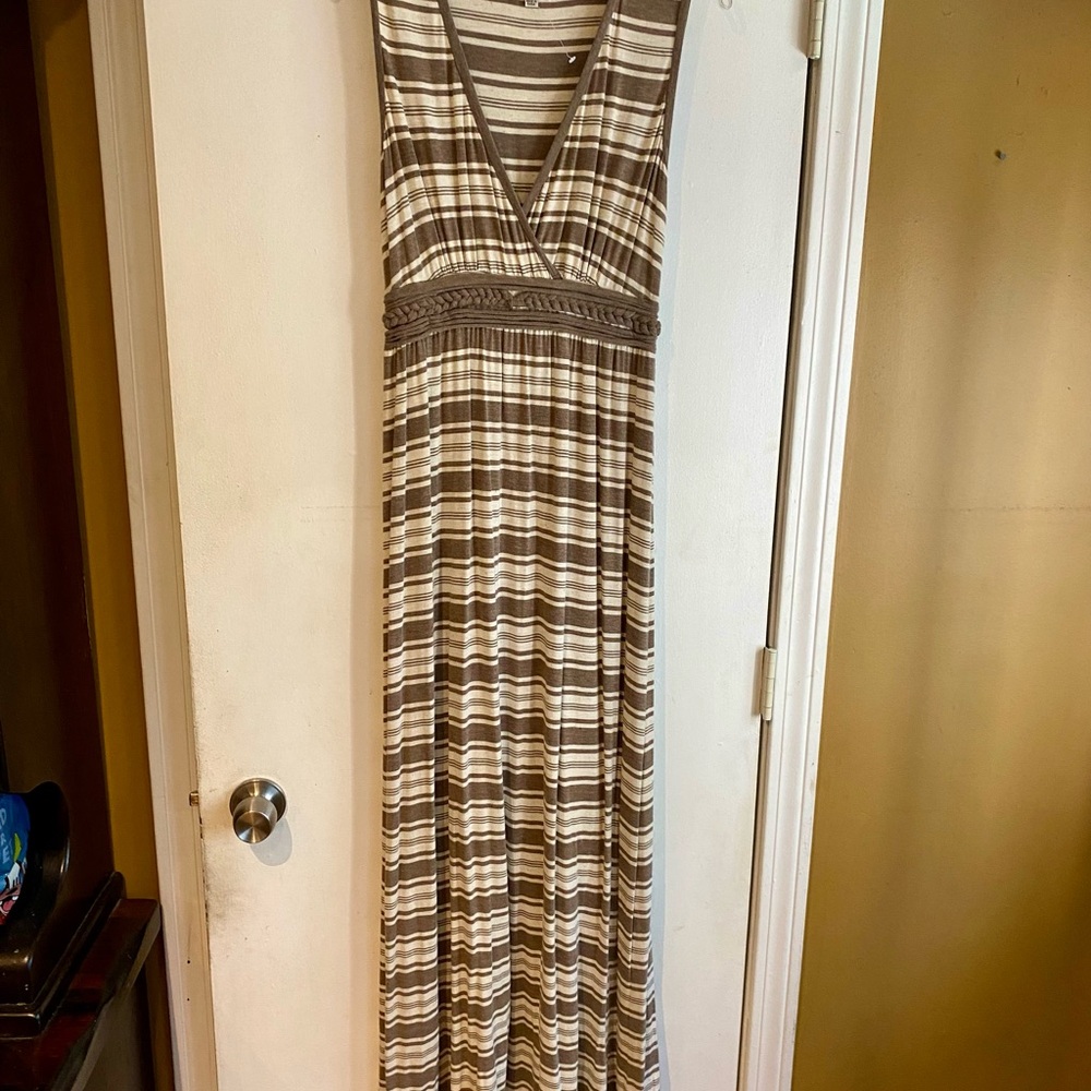 Max Studio Brown and Cream Striped Maxi Dress